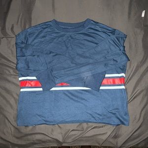 Blue long sleeve with red and white stripes
